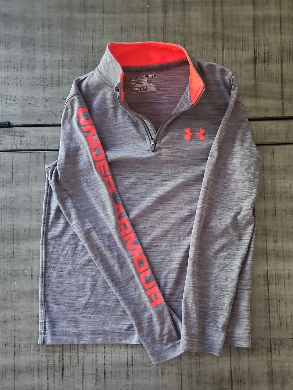 Under Armour Kids Heather Gray Quarter-Zip Top with Neon Coral Accents